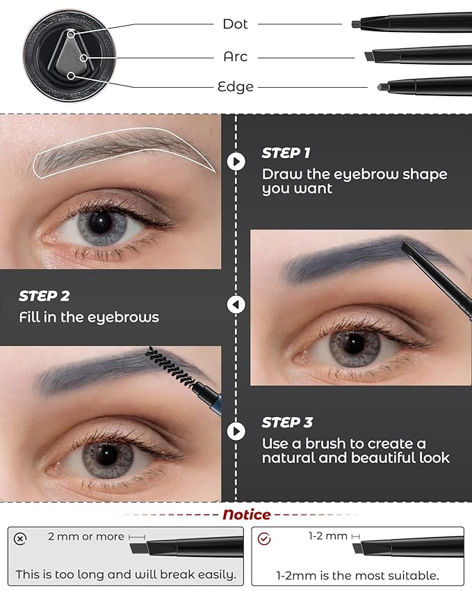12Pcs Microblading Eyebrow Pencils Grey Waterproof Eye Brow Pencil w/Eye Brow Razor & Scissors Kit 0.5mm Ultra-Fine Tip Creates Hair-Like Strokes for Women Effortless Natural Brows