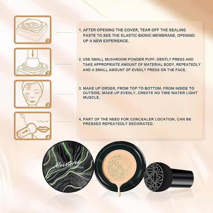 Mushroom Head Air Cushion CC Cream Foundation - Moisturizing & Long-Lasting BB Cream Concealer Makeup Base for All Skin Types, Brighten Long - Lasting Even Color Correcting Concealer (Natural)