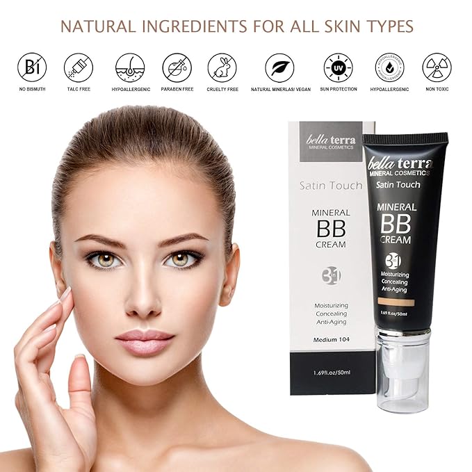 Bellaterra Cosmetics BB Cream - Tinted Moisturizer & Mineral Foundation, Hypoallergenic, Buildable Coverage, Oil-Free, Non-Comedogenic, Vegan, 1.69oz, Dark 108