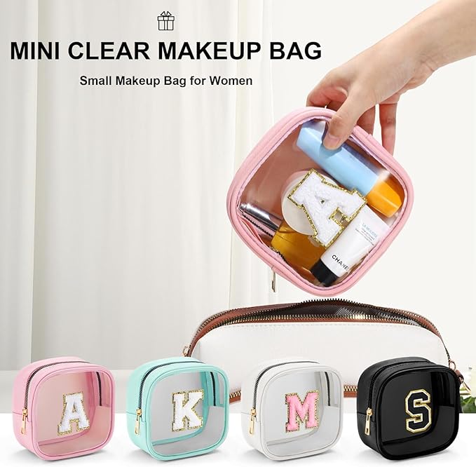 YOOLIFE Mini Birthday Gifts for Women - Personalized Cute Pink Initial Clear Makeup Bag Make Up Bag Travel Bag for Mothers Day Gifts Teacher Sister Friend Female Girlfriend Wife Teen Gifts Party Bag T