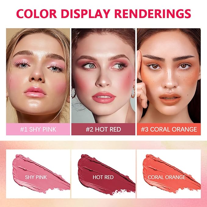 Multi-Use Makeup Blush Stick, Cream Blush Stick, Tinted Solid Moisturizer Stick for Cheek & Eyes & Lips, Waterproof Natural Nude Makeup, Suitable for All Skin (2#Hot Red)