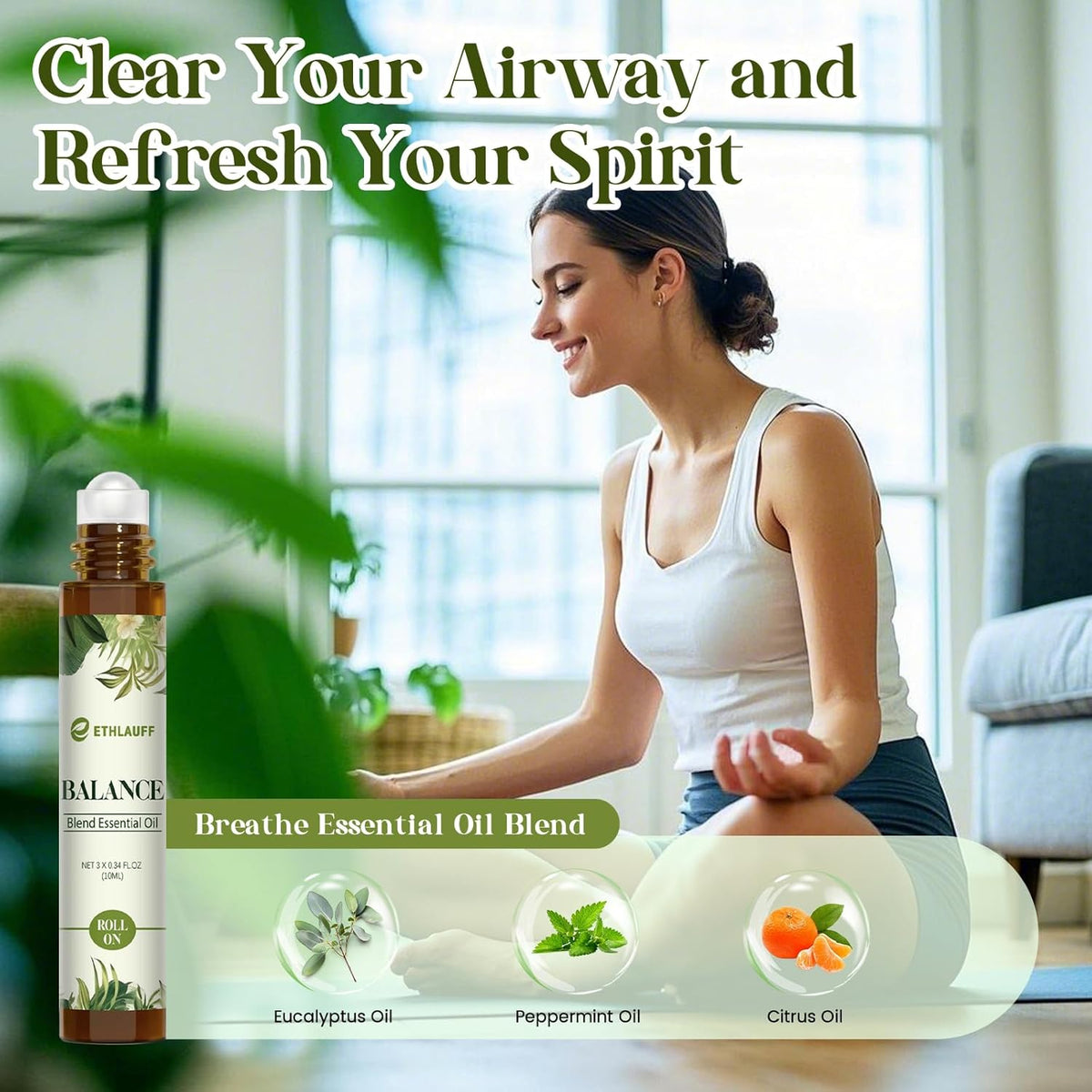 Essential Oils Roll On Set 3 Pack (Breathe, Focus on, Balance) - Essential Oil Blend Stress Relief Gift Aromatherapy Self Care Gift for Women, 3 * 10ml