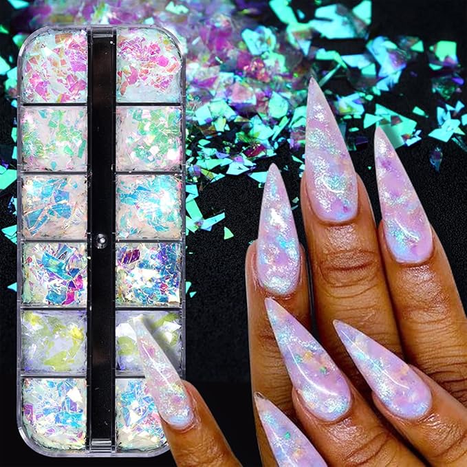 12 Colors Holographic Nail Art Glitter Sequins Aurora Holographic Mermaid Nail Glitter Flash Ice Residue Nail Glitter Sequin Chameleon Flakes Set Fluorescent Glass Paper for Face Body DIY Decoration