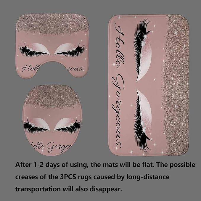 4PCS Hello Gorgeous Shower Curtain Sets with Rugs, Rose Gold Glitter Bling Glam Makeup Diamond Unicorn Eyelash Bathroom Decor, Waterproof Fabric Pink Shower Curtain Girly Gifts for Girls Women
