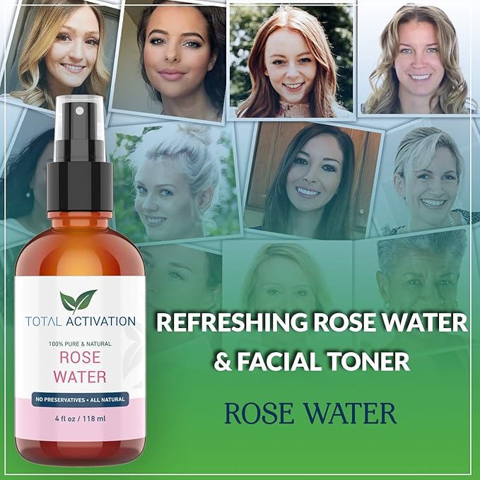 Large 4 oz 100% Pure, Organic Moroccan Rose Water Spray Face Toner, Skin Body Hair Spray, Eye Makeup Remover Alcohol Free Toner Minimizes Scar Hydrating Soothing Mist for Dry Oily Combination Skin