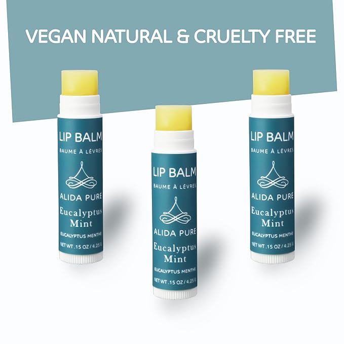 ALIDA PURE Eucalyptus Mint Lip Balm Collection, Vegan, Lip Balm, Beeswax Free, with Avocado Oil, Organic Jojoba Oil, and Vitamin E, Natural Moisturizer for Dry, Chapped Lips, 3 Tube Set