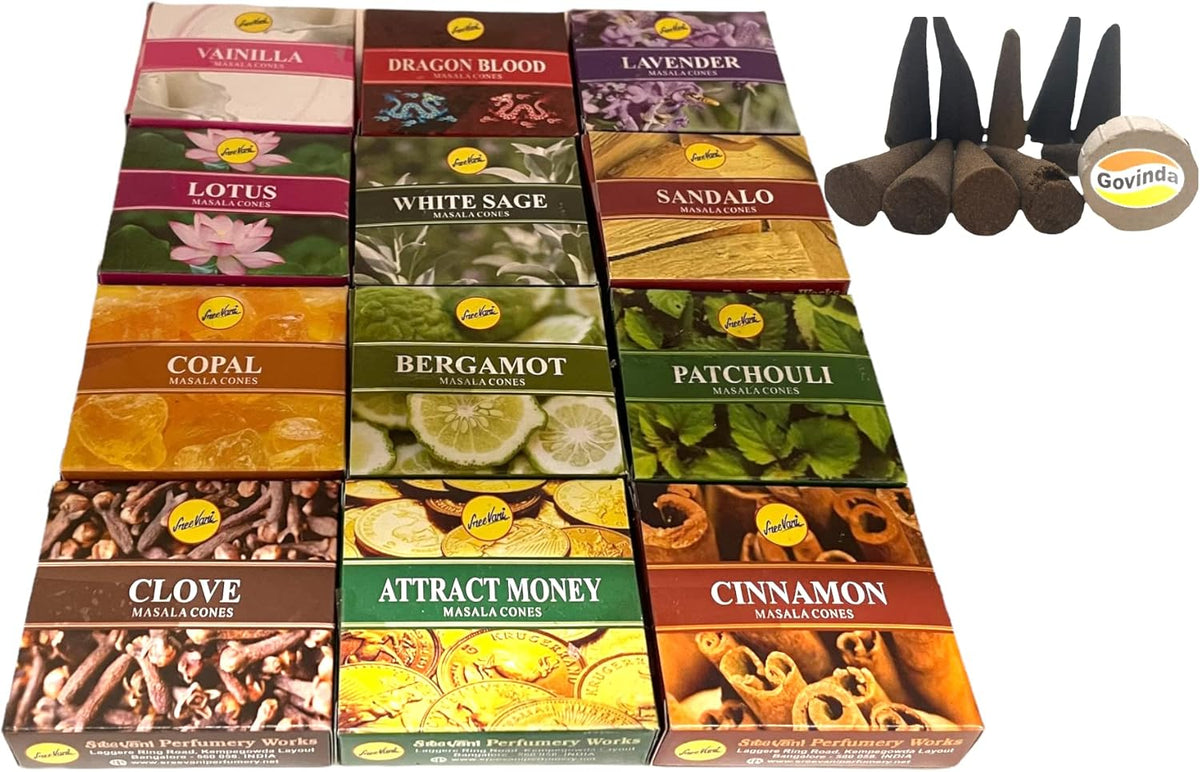 Sreevani Natural Masala Incense Cones and Holder Bundle, 120 Cones Total, Assorted #1