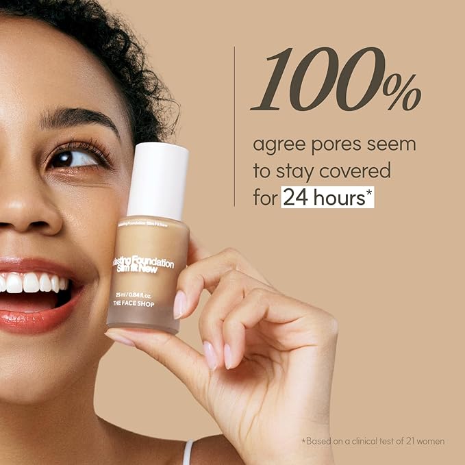 THE FACE SHOP Ink Lasting Liquid Foundation, Full Coverage, 72‑Hour Wear Semi‑Matte Finish, Makeup with Bakuchiol, W330 Amber, 0.84 Fl. Oz.