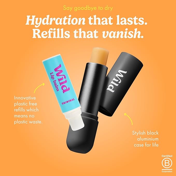 Wild Refillable Lip Balm Starter Kit - Includes Black Aluminum Case & 3 Pack Lip Balm Refills in a Variety of Scents - Includes Passionfruit Swirl, Original and Coconut & Vanilla Scents