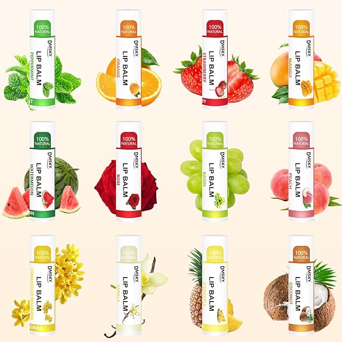 DMSKY 24 Pack Lip Balm, Natural Lip Balm Bulk with Vitamin E and Coconut Oil, Moisturizing Soothing Chapped Lips, Gifts for Women Stocking Stuffers Party Favors