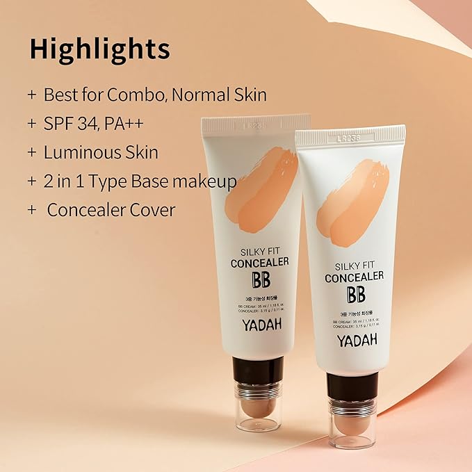 YADAH Silky Fit Concealer BB Cream (23 Natural Beige, 1.18fl oz) - 2-in-1 Korean Makeup for Flawless Skin, Tinted Moisturizer for Blemish Cover. Long-Lasting, All-Day Wear.