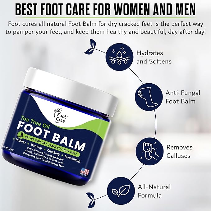 Tea Tree Oil Balm – Moisturizer for Dry Cracked Feet – Instantly Hydrates & Soothes Irritated Skin & Athlete's Foot – Best Foot Care for Women and Men – Made in USA 2PK