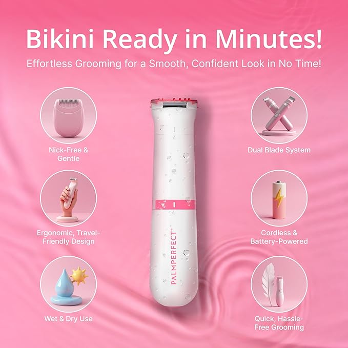 Clio PALMPERFECT Electric Bikini Trimmer - Travel-Friendly Hair Shaver for Smooth, Dual Blade for Close Shave, Use Wet or Dry - Battery-Powered + Trimming Guide Included