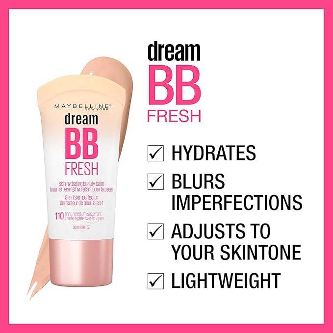 Maybelline Dream Fresh Skin Hydrating BB cream, 8-in-1 Skin Perfecting Beauty Balm with Broad Spectrum SPF 30, Sheer Tint Coverage, Oil-Free, Medium/Deep, 1 Fl Oz