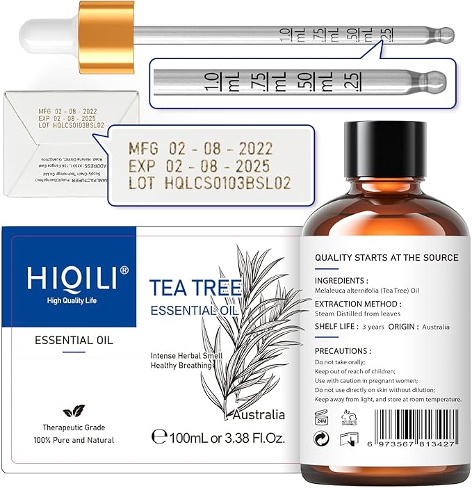 HIQILI Tea Tree Oil for Skin, Hair Restoration, Added to Shampoo, Body Wash, Foot Soak Use - 3.38 Fl Oz
