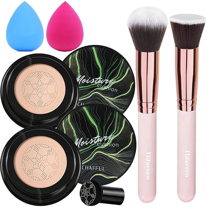 2 PCS Mushroom Head Air Cushion CC Cream Nature Foundation,Foundation Brush Powder Brush,Moisturizing Concealer, Bright Makeup Base Long Lasting with Mushroom Makeup Sponge(#03 Warm Nude)