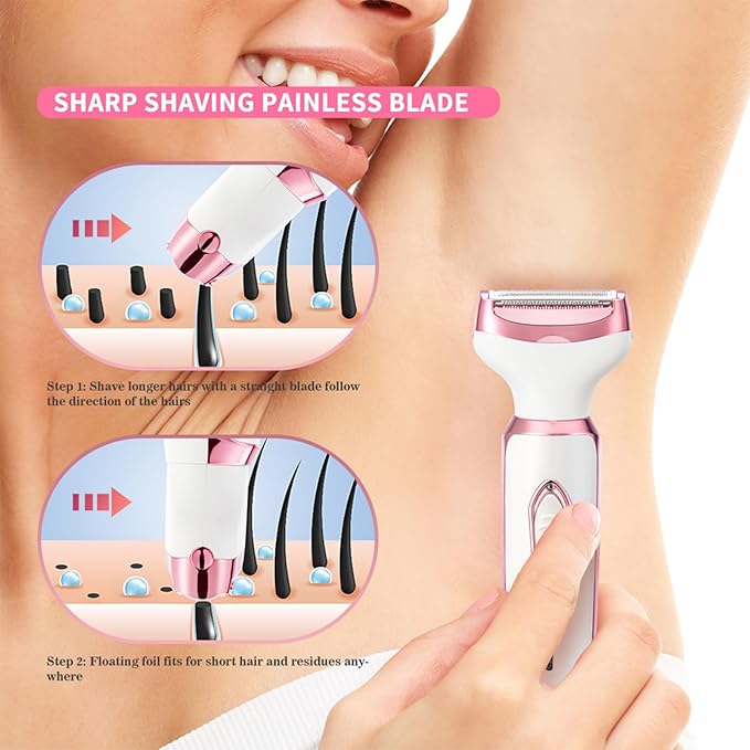 4-in-1 Electric Razor for Women - Rechargeable Painless Body & Facial Hair Remover, Bikini Trimmer for Legs, Underarm & Face, Portable Women's Shaver Set with Smooth Glide Technology