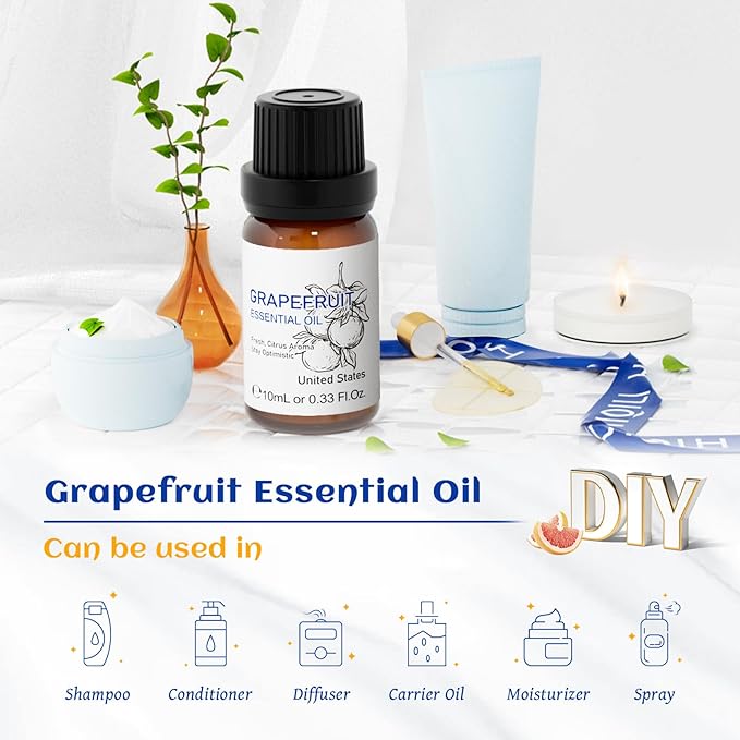 HIQILI Grapefruit Essential Oil, for Diffuser, Skin Care, 100% Pure and Natural - 0.33 Fl Oz
