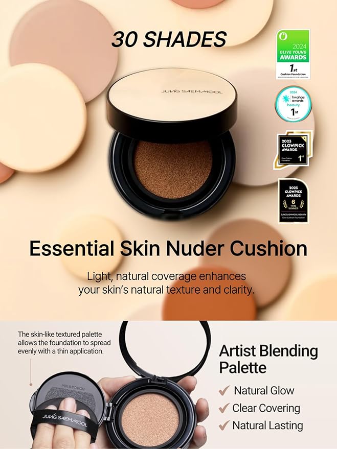 JUNG SAEM MOOL Essential Skin Nuder Cushion 13N Fair 0.49 Fl Oz, No Refill, Natural Radiant Finish Cushion Foundation with Buildable Coverage, Lightweight Texture, Korean Foundation Makeup