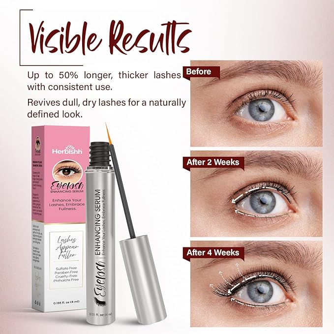 Herbishh Eyelash Enhancing Nourishing Serum for Longer, Thicker Lashes, Safe for Lash Extensions, Fragrance-Free Lash Serum, Sulfate-Free, Travel-Friendly, 0.135 fl. oz