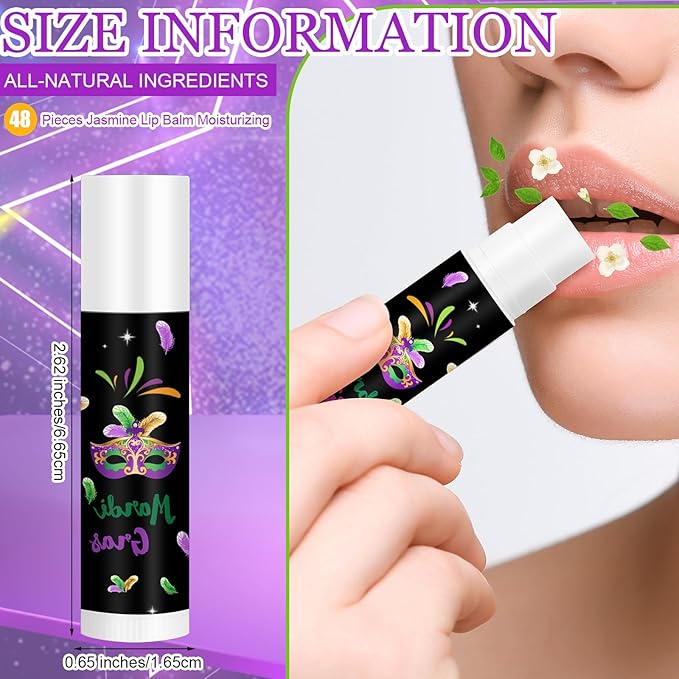 48 Pcs Mardi Gras Lip Balm Moisturizing Lip Balm Bulk Lip Balms and Moisturizers Wax Lip Cream Stocking Stuffers for Mardi Gras Party Favors Gift Baskets Women Men, Jasmine