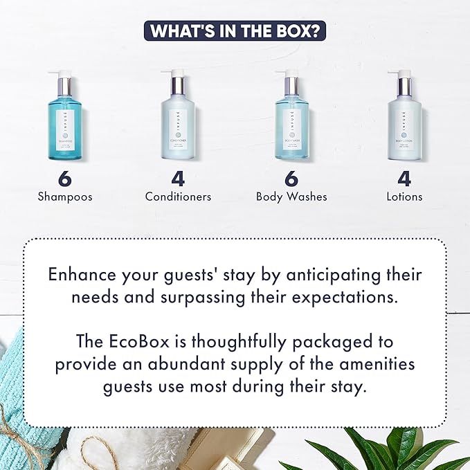 A 20 Piece Ecobox All-In-Kit of our Infuse | White Tea and Coconut Soap | 6 Shampoo, 4 Conditioner, 6 Body Wash & 4 Lotion | 10.14 oz Hotel Soaps and Toiletries Bulk | Personal Care Products