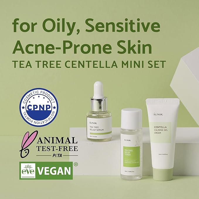 iUNIK Centella Mini Set Travel-Friendly Skincare Set Ultra calming and hydrating for sensitive skin - Tea Tree Relief Toner,Serum, Centella Calming Gel Cream