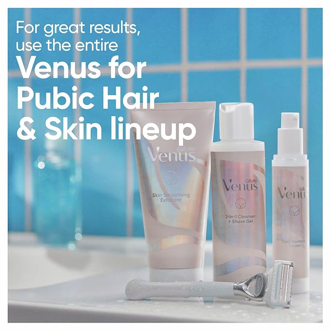 Gillette Venus for Pubic Hair and Skin, 1 Razor Handle + 2 Blade Refills, 2-in-1 Cleanser + Shave Gel and Daily Soothing Serum