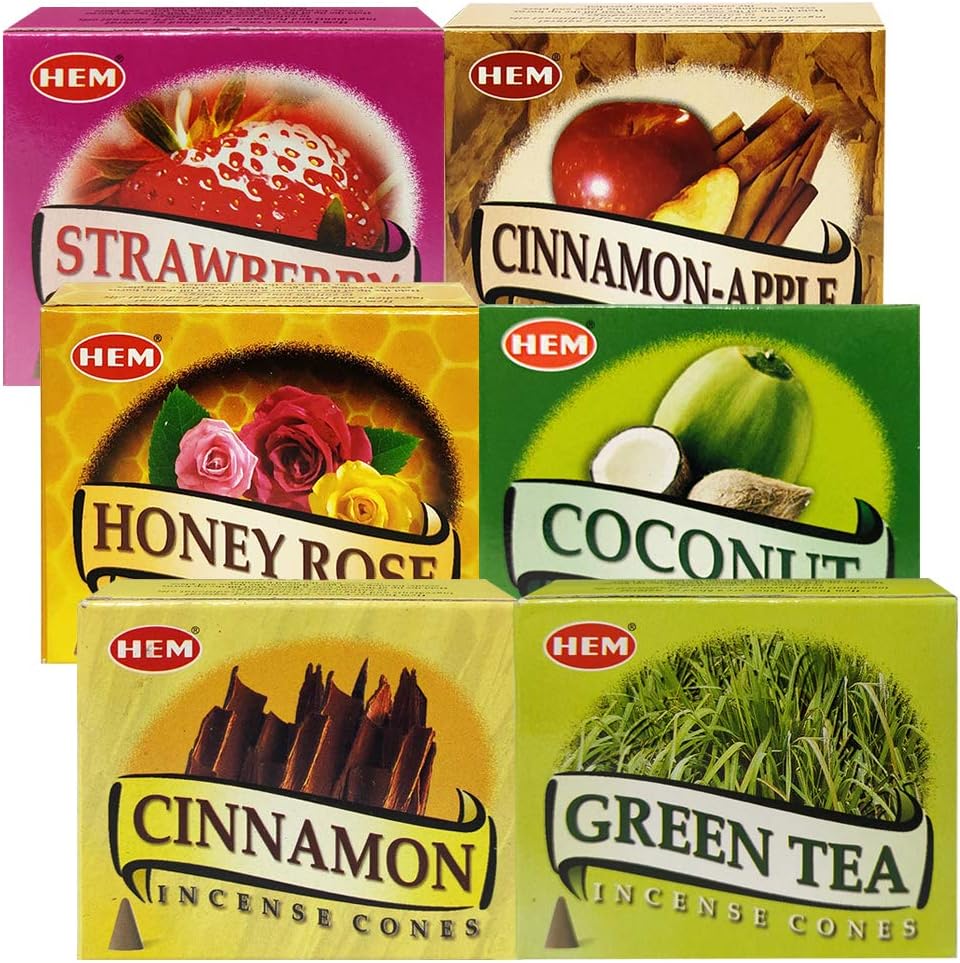 Hem Incense Cones Variety Pack #5 and Cone Incense Burner Bundle with 6 Most Sought-After Fragrances