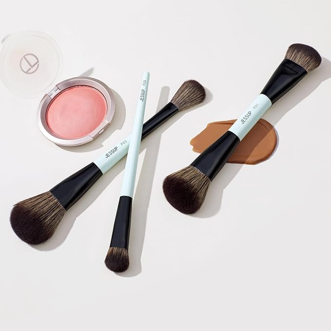 Jessup Face Makeup Brushes Blue 3pcs Double Ended Makeup Brush for Foundation Contour Blush Highlight and Concealer Brush, Premium Synthetic Brush Set T503