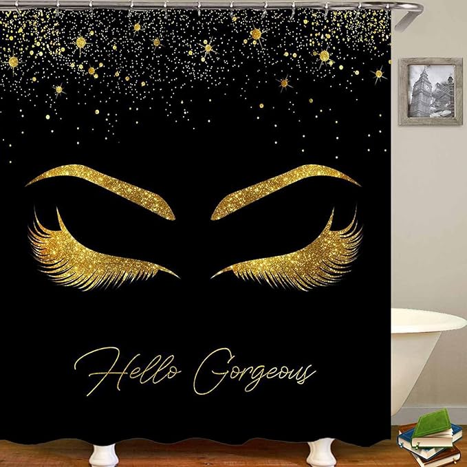 4PCS Unicorn Eyelash Shower Curtain Set, Luxury Gold Glitter Eyebrow Makeup Confetti Hello Gorgeous Glam Modern Fashion Black Women Bathroom Decor, Non-slip Bath Mat Toilet Rug, Gold Eyelash