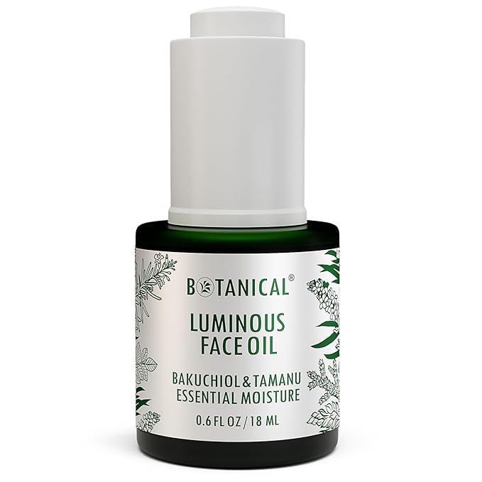 Botanical Luminous Face Oil | Skin Rejuvenating Tamanu & Bakuchiol w/Gua Sha Lift Scraper | Organic, Pure, Natural Skincare (0.6 fl oz | 18 ml)