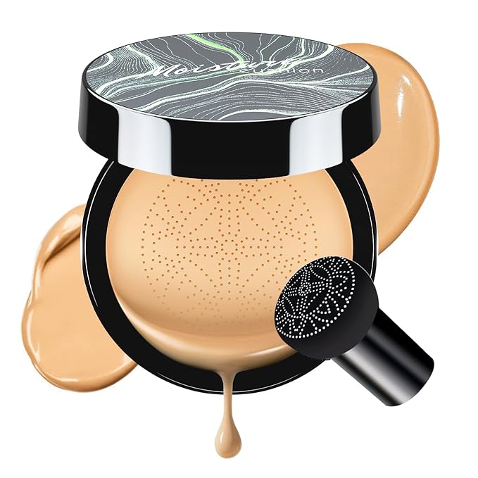 Air Cushion CC Cream Foundation - Mushroom Head BB Creams, Long Lasting Concealing Brightening, Moisturizer Face Cream,Facial Skin Care Makeup For All Skin Types (Buff Beige)