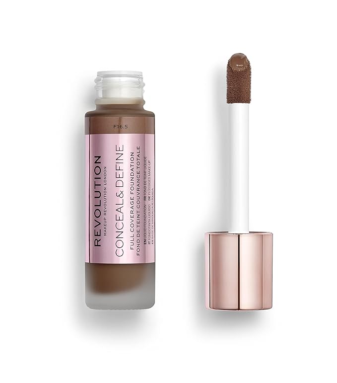 Makeup Revolution Conceal and Define Foundation, Full Coverage & Matte Finish, F17.5 for Dark Skin Tones, Vegan & Cruelty-Free, 0.7 Fl Oz