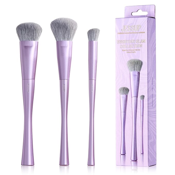 Jessup Face Makeup Brush Set 3 pcs, Ultra-Soft Dense Makeup Brushes for Foundation Contour Powder and Blush, Premium Synthetic Fiber, Luxury Purple T513