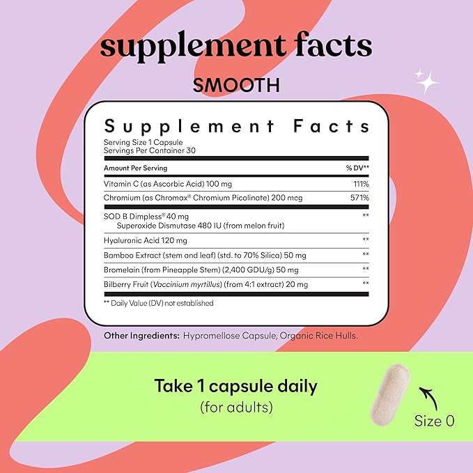 Lemme Smooth Anti Cellulite Capsules for Women, Smooth Legs & Thighs, Reduce Cellulite & Crepey Skin w/Clinically Studied SOD & Silica (1 Month Supply 30 ct)