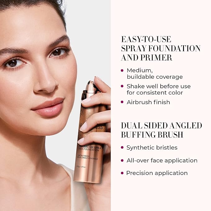 LUMINESS Airbrush Spray Silk Foundation Starter Kit - Rich Dark - Foundation, Primer & Dual-Sided Angled Buffing Brush - Medium, Buildable Coverage, Anti-Aging Formula Hydrates & Moisturizes