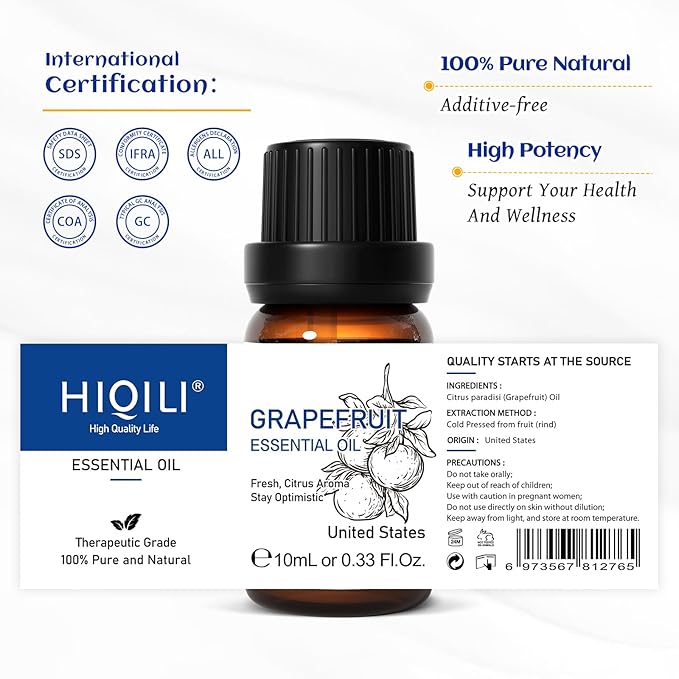 HIQILI Grapefruit Essential Oil, for Diffuser, Skin Care, 100% Pure and Natural - 0.33 Fl Oz