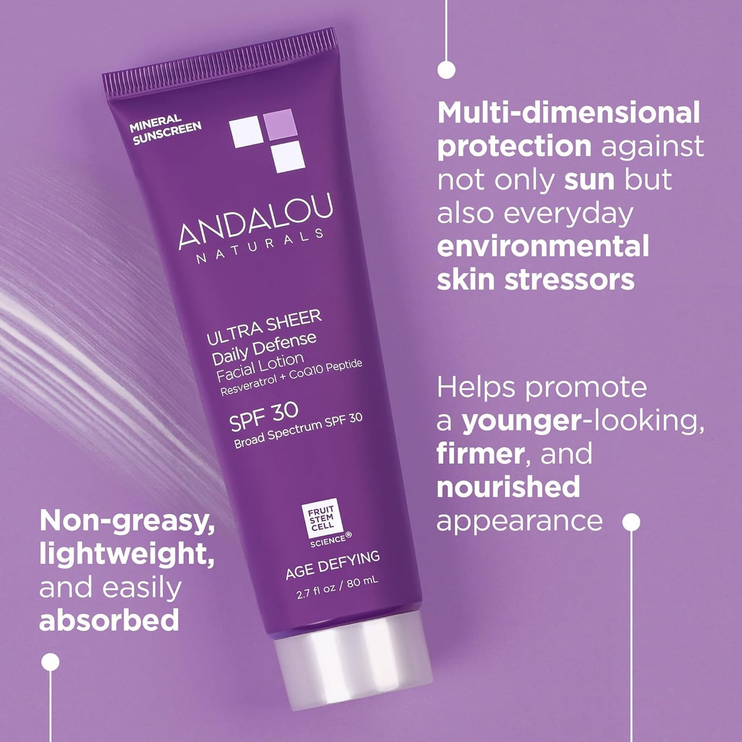 Andalou Naturals Age Defying Ultra Sheer Daily Defense Mineral Sunscreen SPF 30 | Face Lotion with Zinc Oxide | Lightweight Anti-Aging Sun Protection | 2.7 fl oz