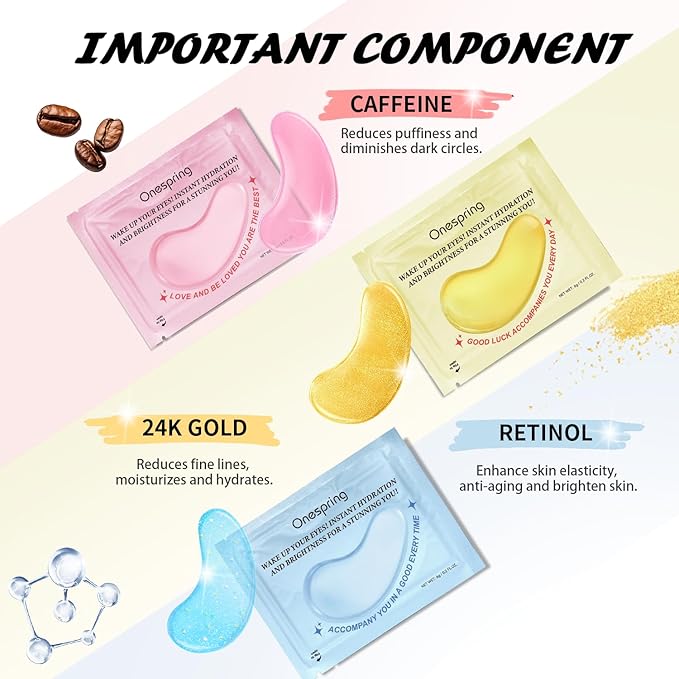 Eye Masks (36 Pairs) - Caffeine, Retinol, 24K Gold for Puffiness, Dark Circle, Wrinkles, Fine Lines - Firming Eye Gel Pads, Great for Holiday Gifts and Personal Use
