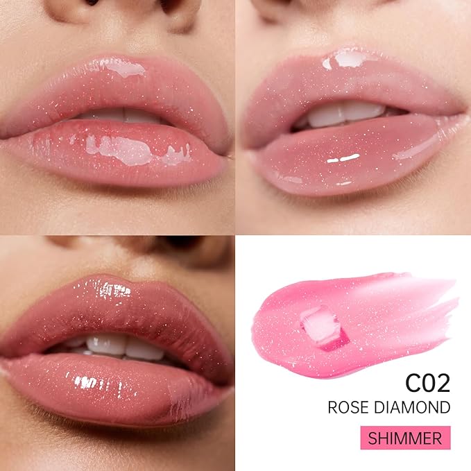 Catkin Lip Plumper Gloss, Tinted Lip Serum with Hyaluronic Acid & Jojoba Oil, Non-sticky Volumizing Hydrating Formula for a High Shine Maximum 3D Look, Plump & Soft Lips 0.12 Fl Oz - C02 Rose Diamond