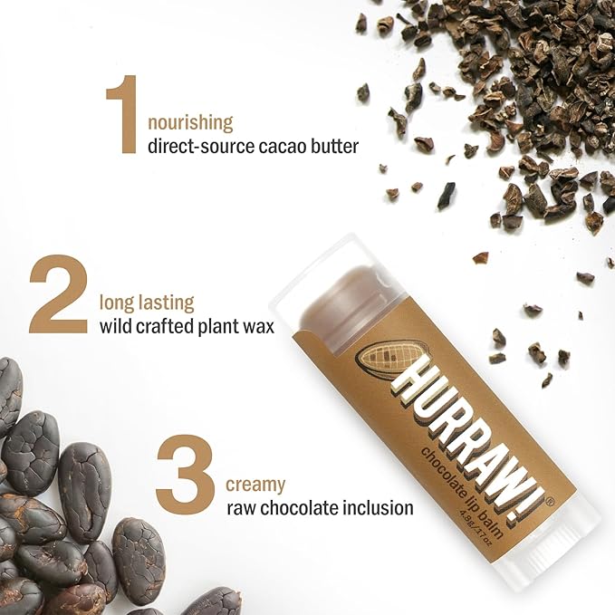Hurraw! Chocolate Lip Balm, 3 Pack: Organic, Certified Vegan, Cruelty and Gluten Free. Non-GMO, 100% Natural Ingredients. Bee, Shea, Soy and Palm Free. Made in USA