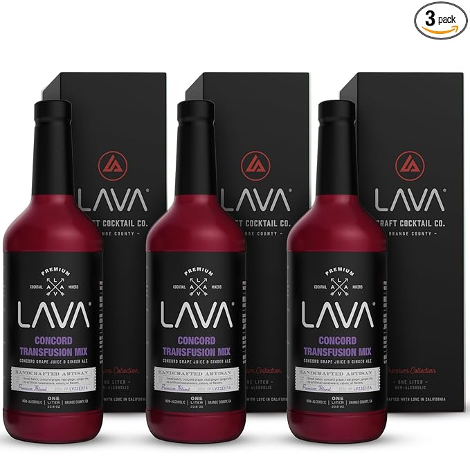 (3 Pack) LAVA Premium Concord Transfusion Mix made with concord grape juice, real ginger, ginger ale, no artificial sweeteners, 1-Liter (33.8oz) Glass Bottle, Ready to Use.