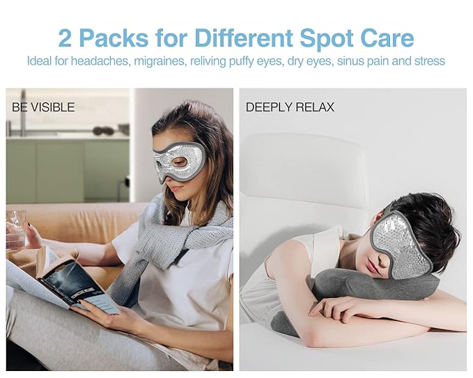 Luxtude Gel Eye Mask 2PCS, Reusable Cooling Eye Masks for Sleeping, Hot Cold Eye Mask Ice Pack, Frozen Cold Eye Compress for Puffiness/Dark Circles/Headaches/Migraines/Eye Bags/Stress Relief (Gray)