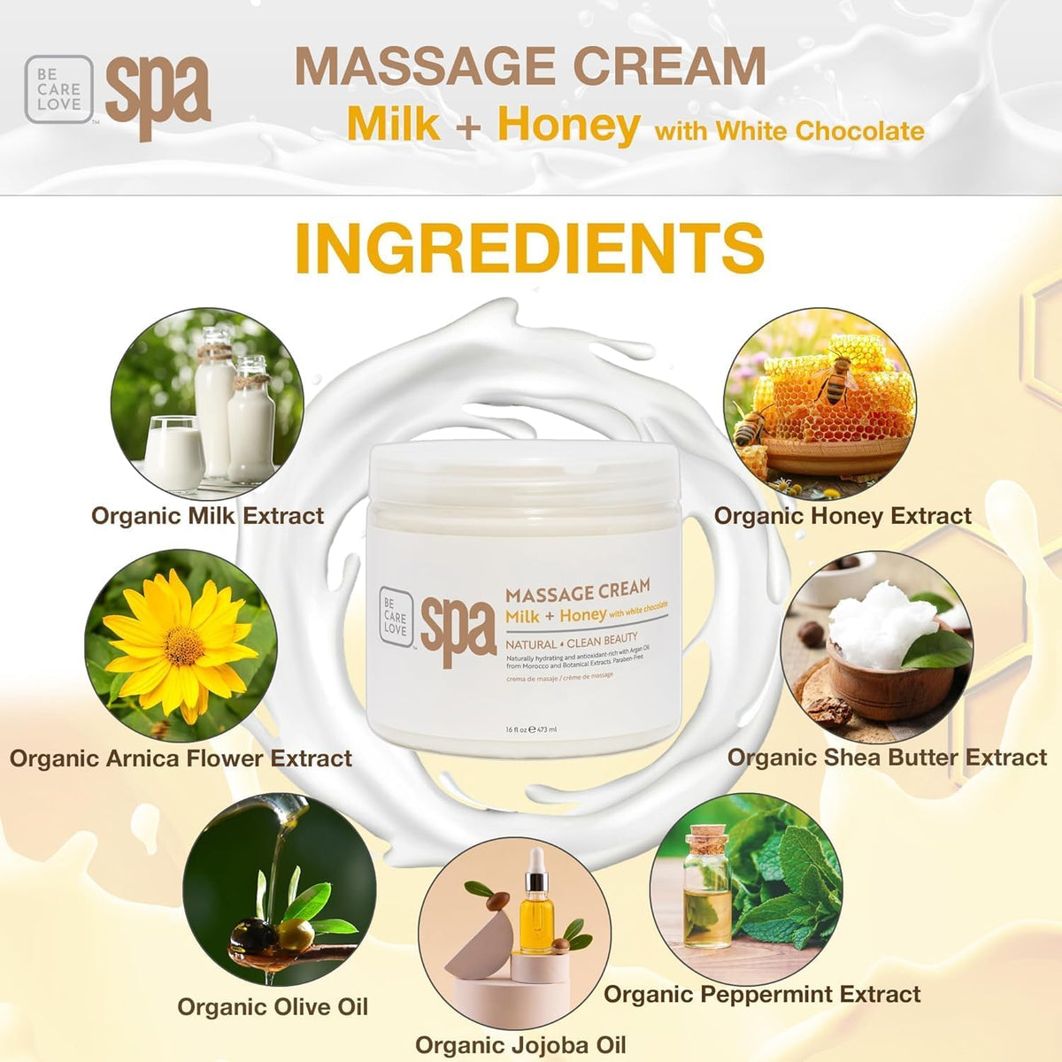 BCL SPA Massage Cream Organic Milk & Honey with White Chocolate Body Lotion, Shea Butter, Aloe Vera, Arnica, Peppermint, Kelp, Tea Tree, Olive, Argan, and Jojoba Oils, Home/Professional Use, 16 fl oz