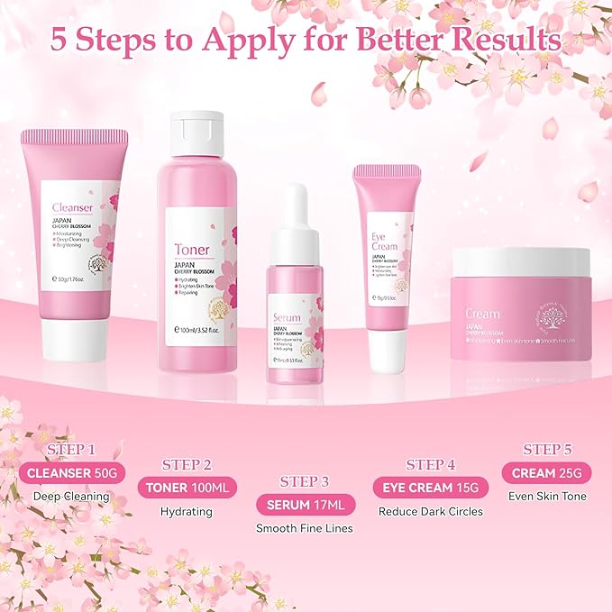 Skin Care Set, Cherry Blossom Skin Care Sets & Kits, Skin Care for Teenage Girls Gift Set with Cleanser, Toner, Serum, Eye Cream, Facial Cream, Facial Skin Care Sets & Kits for Teenage Girls Women