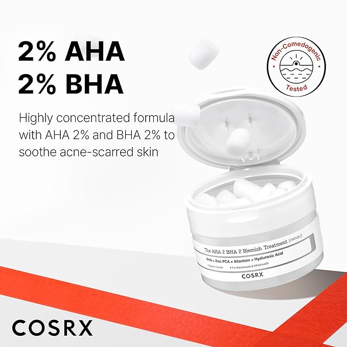 COSRX AHA 2% BHA 2% Blemish Treatment Serum, 60+ Pure Cotton Balls, Quick & Easy Daily Spot Treatment, Blackheads & Whiteheads, Sebum Control, Paraben Free, Phthalates Free, Korean Skin Care