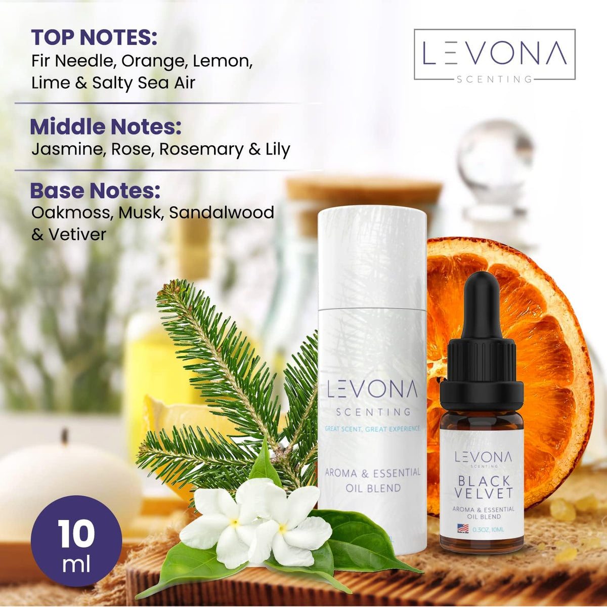 Levona Scents Oil Diffuser Essential Oils: Fragrance Oil for Diffuser - Black Velvette Diffuser Oils Scents - Woody Citrus with Herbal Floral Essential Oil Blends, Oakmoss, White Musk & Sandalwood
