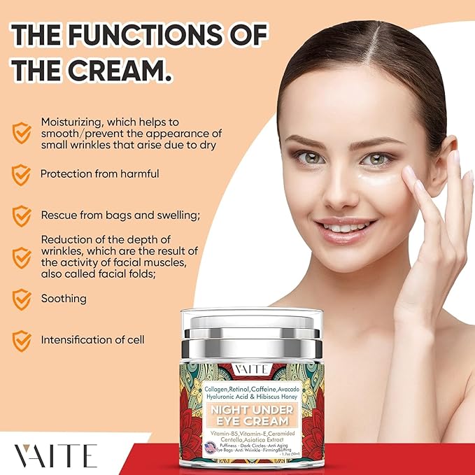 Under Eye Cream with Collagen, Retinol, Caffeine, Avacado Hyaluronic Acid & Hibiscus Honey for Night and Day with Vitamin B5, E for Puffiness Circles Anti Aging Eye Bags and Anti Wrinkle