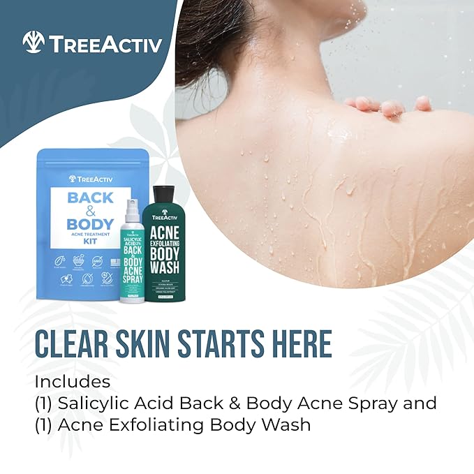 TreeActiv 90-Day Body Acne Treatment Kit, Salicylic Acid Acne Body Spray, Exfoliating Body Acne Wash, Body Acne Treatment for Back, Chest and Butt Acne Removal, Back Acne Treatment For Women and Men